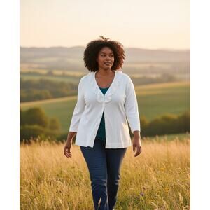 Coldwater Creek Cardigan Sweater Womens 1X White Ruffle Front New with Defect